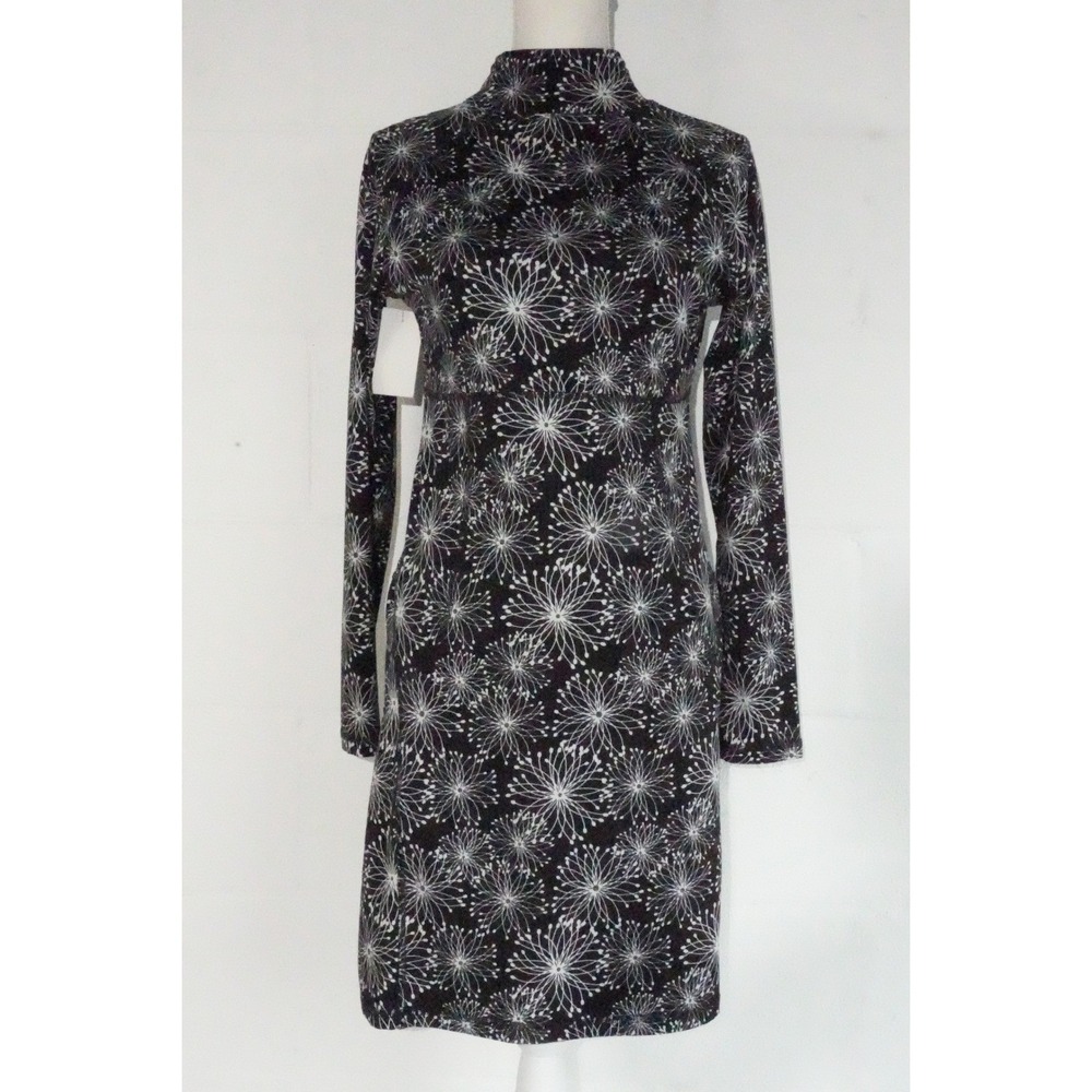 Soybu Dress Women Medium Black White Floral Print Mock Neck Long Sleeve Keyhole